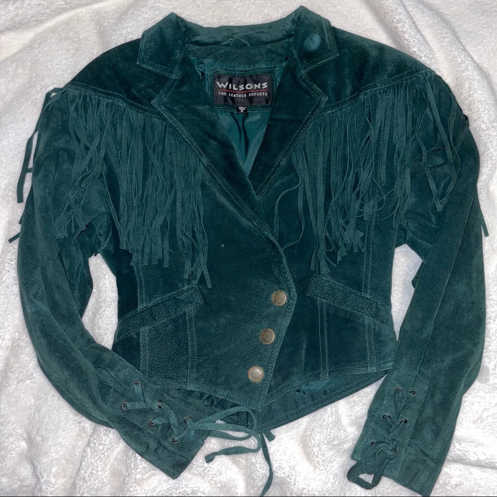 Wilson’s Fringe Leather Jacket in Dark Green Moto Suede Jacket Size Small